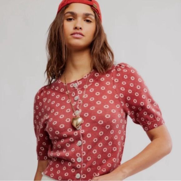 Free People Isla Daisy Puff Sleeve Crop Wool & Cashmere Blend Cardigan Sz XS NWT - Picture 6 of 13
